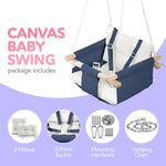 Load image into Gallery viewer, Canvas Baby Swing Wooden Hanging Swing Seat Chair with Safety Belt Durable Baby Swing Chair Outdoor and Indoor Swing for Kids Mounting Hardware Included Blue