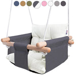 Load image into Gallery viewer, Canvas Baby Swing Seat with Safety Belt Durable Wooden Swing Chair for Kids Indoor & Outdoor Use Mounting Hardware Included Gray White