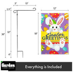 Load image into Gallery viewer, Combo Pack: Garden Flag Stand Black 36x16 Inch & Garden Flag Easter Greetings with White Bunny Eggs 12x18 Inch