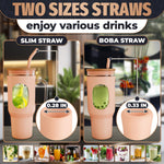 Load image into Gallery viewer, 46 Oz Glass Tumbler with Straw and Lid Peach Glass Water Bottle with Natural Bamboo Lid 2 Slim and Boba Straws Silicone Sleeve Dishwasher Safe Car Holder Friendly Ergonomic Grip Easy Visibility