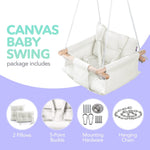 Load image into Gallery viewer, Canvas Baby Swing Wooden Hanging Swing Seat Chair with Safety Belt Durable Baby Swing Chair Outdoor and Indoor Swing for Kids Mounting Hardware Included Ivory