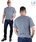 Load image into Gallery viewer, Dark Blue Sailor TShirt Striped Short Sleeved Telnyashka Тельняшка (L)