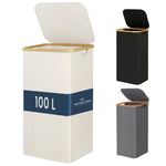 Load image into Gallery viewer, Ivory 100L Large Laundry Hamper with Lid Narrow Foldable Slim Laundry Basket with Bamboo Handles Skinny Tall Dirty Clothes Hamper for Dorm Bathroom Bedroom