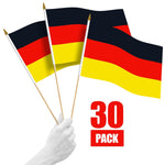 Load image into Gallery viewer, G128 30 Pack Handheld Germany German Stick Flags 12x18 In Printed 150D Polyester, Country Flag, Solid Wooden Stick, Spear Gold Tip