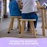 Load image into Gallery viewer, Wooden Step Stool for Kids and Toddlers – Set of 4 – Natural – Extendable Legs Kids Chair – Sensory Table Seat – Children's Round Sitting Furniture with Leveling Feet and Anti Slip Pads