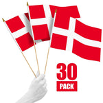 Load image into Gallery viewer, G128 30 Pack Handheld Denmark Danish Stick Flags 12x18 In Printed 150D Polyester, Country Flag, Solid Wooden Stick, Spear Gold Tip
