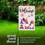 Load image into Gallery viewer, G128 Combo Pack: Garden Flag Stand Black 36 in x 16 in & Garden Flag Patriotic Decoration Welcome Three Gnomes Celebrating 4th of July 12x18 DoubleSided Burlap Fabric