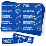 Load image into Gallery viewer, 90 Pcs Magnetic Tool Box Labels 3.5x1 inch Blue Magnetic Toolbox Labels for Tool Box Drawers Strong Magnet Toolbox Organizer Chest Pre Printed & Blanked Emblems for Organization Toolbox Emblems