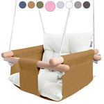 Load image into Gallery viewer, Ocher Canvas Baby Swing Chair Wooden Hanging Seat with Safety Belt Durable and Comfortable for Kids Indoor and Outdoor Use Mounting Hardware Included Ocher