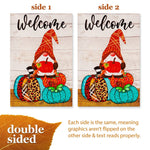 Load image into Gallery viewer, Garden Flag Welcome Gnome Sitting on Patterned Pumpkins 12x18 Blockout Fabric