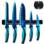 Load image into Gallery viewer, Kitchen Knife Set Kit 5 Professional Grade Iridescent Blade Knives Includes Knife Sharpener & Magnetic Wall Hanger All Blue with Black Knife Rack