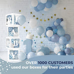 Load image into Gallery viewer, Baby Shower Boxes with Letters 44 Pcs White Boxes with White Dusty Blue Light Blue and Confetti Balloons Gender Reveal & Party Decoration Set by