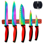 Load image into Gallery viewer, Kitchen Knife Set 5 Professional Grade Iridescent Blade Sharpener Hanger Red