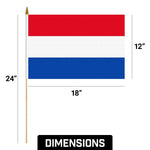 Load image into Gallery viewer, G128 12 Pack Handheld Netherlands Dutch Stick Flags 12x18 In Printed 150D Polyester, Country Flag, Solid Wooden Stick, Spear Gold Tip