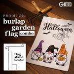 Load image into Gallery viewer, G128 Combo Pack: Garden Flag Stand Black 36 in x 16 in & Garden Flag Happy Halloween Decoration Three Gnomes Spider Web 12x18 DoubleSided Burlap Fabric