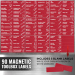 Load image into Gallery viewer, 90 Pcs Magnetic Tool Box Labels 3.5x1 inch Red Magnetic Toolbox Labels for Tool Box Drawers Strong Magnet Toolbox Organizer Chest Pre Printed & Blanked Emblems for Organization Toolbox Emblems