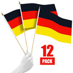 Load image into Gallery viewer, G128 12 Pack Handheld Germany German Stick Flags 12x18 In Printed 150D Polyester, Country Flag, Solid Wooden Stick, Spear Gold Tip
