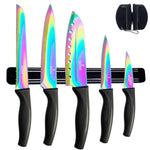 Load image into Gallery viewer, Kitchen Knife Set Kit 5 Dishwasher Safe Colorful Knives Knife Sharpener & Magnetic Wall Bar Titanium Non Stick Plating Stainless Steel
