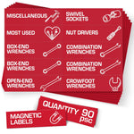 Load image into Gallery viewer, 90 Pcs Magnetic Tool Box Labels 3.5x1 inch Red Magnetic Toolbox Labels for Tool Box Drawers Strong Magnet Toolbox Organizer Chest Pre Printed & Blanked Emblems for Organization Toolbox Emblems