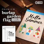 Load image into Gallery viewer, G128 Combo Pack: Garden Flag Stand Black 36 in x 16 in & Garden Flag Hello Summer Decoration Three BeachReady Gnomes 12x18 DoubleSided Burlap Fabric