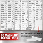 Load image into Gallery viewer, 90 Pcs Magnetic Tool Box Labels 3.5x1 inch White Magnetic Toolbox Labels for Tool Box Drawers Strong Magnet Toolbox Organizer Chest Pre Printed & Blanked Emblems for Organization Toolbox Emblems
