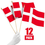 Load image into Gallery viewer, G128 12 Pack Handheld Denmark Danish Stick Flags 12x18 In Printed 150D Polyester, Country Flag, Solid Wooden Stick, Spear Gold Tip