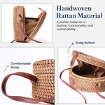Load image into Gallery viewer, Handmade Rattan Round Purse with Leather Strap Woven Crossbody bags for Women Brown Tan Wicker Boho Straw Bags for Women Trendy Vacation Purse for Travel & Casual Outfits Gift for Her Sustainable Stylish Natural Rattan