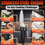 Load image into Gallery viewer, 4 in 1 Multi Use Kitchen Shears for Food Heavy Duty Sharp Seafood Fish Turkey Chicken Shears with Non Slip Metal Handle Micro Serrated Blades Spring Loaded Safety Lock Bone Scissors Black