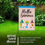 Load image into Gallery viewer, G128 Combo Pack: Garden Flag Stand Black 36 in x 16 in & Garden Flag Hello Summer Decoration Three BeachReady Gnomes 12x18 DoubleSided Burlap Fabric