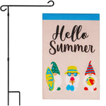 Load image into Gallery viewer, G128 Combo Pack: Garden Flag Stand Black 36 in x 16 in & Garden Flag Hello Summer Decoration Three BeachReady Gnomes 12x18 DoubleSided Burlap Fabric
