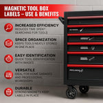 Load image into Gallery viewer, 90 Pcs Magnetic Tool Box Labels 35x1 inch Magnetic Toolbox Labels for Tool Box Dwawers Strong Magnet Toolbox Organizer Chest Black Pre Printed & Blanked Emblems for Organization