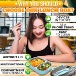 Load image into Gallery viewer, 48.5 Oz Stainless Steel Bento Box Adult with Phone Stand – Reusable Stainless Steel Lunch Box for Hot Food with Durable Plastic & Soft Rubber Cover – Insulated Lunch Containers with Spoon & Chopsticks