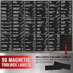 Load image into Gallery viewer, 90 Pcs Magnetic Tool Box Labels 35x1 inch Magnetic Toolbox Labels for Tool Box Dwawers Strong Magnet Toolbox Organizer Chest Black Pre Printed & Blanked Emblems for Organization