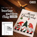 Load image into Gallery viewer, G128 Combo Pack: Garden Flag Stand Black 36 in x 16 in & Garden Flag Merry Christmas Decoration Three Festive Gnomes 12x18 DoubleSided Burlap Fabric
