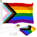 Load image into Gallery viewer, Combo Pack: 6 Ft Tangle Free Aluminum Spinning Flagpole (White) & LGBT Progress Rainbow Pride Flag 3x5 Ft, LiteWeave Pro Series Printed 150D Polyester Pole with Flag Included