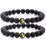 Load image into Gallery viewer, Black Lava Rock Beads Natural Stone Bracelets with Pyrite Set of 2 Healing Crystal Energy Activation Power Chakra Reiki Elastic Stretch Bracelet for Protection Man Women Diffuser Elastic Yoga 8mm