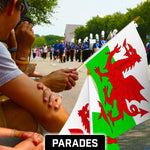 Load image into Gallery viewer, G128 24 Pack Handheld Wales Welsh Stick Flags 12x18 In Printed 150D Polyester, Country Flag, Solid Wooden Stick, Spear Gold Tip