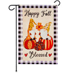 Load image into Gallery viewer, Garden Flag Happy Fall Blessed Two Gnomes Sitting on Pumpkins 12x18 Blockout Fabric