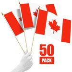 Load image into Gallery viewer, G128 50 Pack Handheld Canada Canadian Stick Flags 12x18 In Printed 150D Polyester, Country Flag, Solid Wooden Stick, Spear Gold Tip