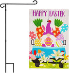 Load image into Gallery viewer, G128 Combo Pack: Garden Flag Stand Black 36 in x 16 in & Garden Flag Happy Easter Decoration Rabbit Gnome in Truck 12x18 DoubleSided Blockout Fabric