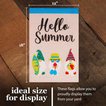 Load image into Gallery viewer, Garden Flag Hello Summer Three Beach Ready Gnomes 12x18 inch Burlap Fabric