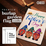 Load image into Gallery viewer, G128 Combo Pack: Garden Flag Stand Black 36 in x 16 in & Garden Flag Happy Father's Day Decoration Three Gnome Fathers 12x18 DoubleSided Burlap Fabric