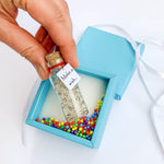 Load image into Gallery viewer, Tiny Magical Message in a Bottle Gift Idea Classy Inspirational Gifts for Him and Her Unique Presents for Women and Men (White Dandelion Make a Wish in Teal Gift Box)