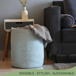 Load image into Gallery viewer, Recycled Cotton Laundry Basket Woven Rope Blanket Storage Basket Toys Towels Laundry and Living Room Organization 15x15x17.7 Eco Friendly and Stylish White & Blue Melange
