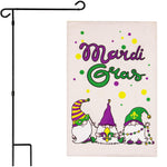Load image into Gallery viewer, G128 Combo Pack: Garden Flag Stand Black 36 in x 16 in & Garden Flag Mardi Gras Decoration Three Gnomes 12x18 DoubleSided Burlap Fabric