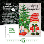 Load image into Gallery viewer, G128 Combo Pack: Garden Flag Stand Black 36 in x 16 in & Garden Flag Merry Christmas Decoration Santa Gnome with Present 12x18 Double Sided Blockout Fabric