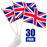 Load image into Gallery viewer, G128 30 Pack Handheld United Kingdom UK Stick Flags 12x18 In Printed 150D Polyester, Country Flag, Solid Wooden Stick, Spear Gold Tip