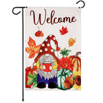 Load image into Gallery viewer, Garden Flag Welcome Gnome with Coffee at Harvest 12x18 Blockout Fabric