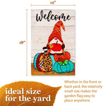 Load image into Gallery viewer, Garden Flag Welcome Gnome Sitting on Patterned Pumpkins 12x18 Blockout Fabric