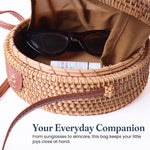 Load image into Gallery viewer, Handmade Rattan Round Purse with Leather Strap Woven Crossbody bags for Women Brown Tan Wicker Boho Straw Bags for Women Trendy Vacation Purse for Travel & Casual Outfits Gift for Her Sustainable Stylish Natural Rattan